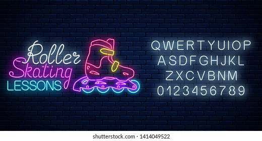 Roller skates glowing neon sign with alphabet. Roller skating lessons advertising sign. Skate zone symbol in neon style. Vector illustration.