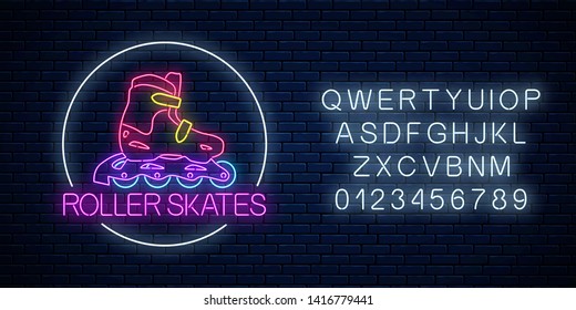 Roller skates glowing neon sign in circle frame with alphabet on dark brick wall background. Skate zone symbol in neon style. Roller skates rent logo. Vector illustration.