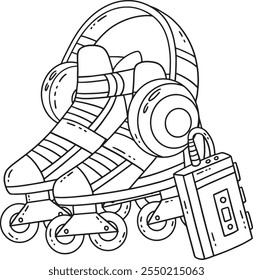 Patines de rodillos y auriculares aislados para colorear 