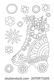 roller skates in hippie style. roller rings, flowers. Retro roller skates isolated on white background. Hippie drawing. Wheels, riding, driving. Fun for everyone. For holiday card, banner. Vector