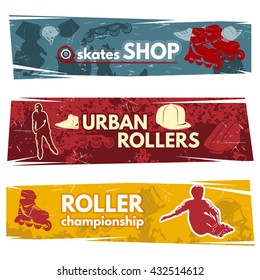 Roller skates horizontal banners with shop urban racing championship on blue red yellow backgrounds isolated vector illustration