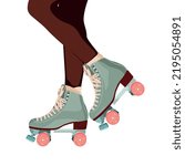 Roller skates and legs. Beautiful black woman. African American woman roller skating. Female legs. Modern poster. Vector illustration in retro style on a white background