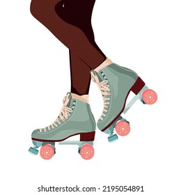 Roller skates and legs. Beautiful black woman. African American woman roller skating. Female legs. Modern poster. Vector illustration in retro style on a white background