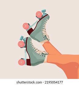 Roller skates and legs. Beautiful white woman. Woman roller skating. Female legs. Modern poster. Vector illustration in retro style