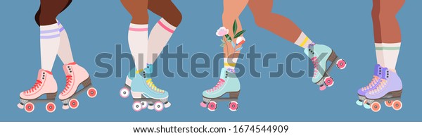 Roller skates and legs. Girls wearing roller skates.
Hand-drawn trendy illustration of legs and rollerblades. Flowers in
socks. Female legs. Pastel colour web banner design. Modern poster.
