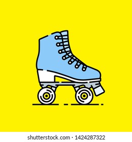 Roller skates line icon. Girls blue roller skating boots graphic isolated on yellow background. Vector illustration.