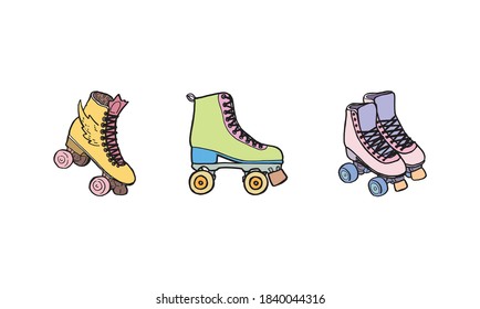 Roller skates logo set, hand drawn colored illustration. Exercise footwear and sport equipment vector drawing. Rolling shoes with wheels contour sketch. Disco rolling boots, trend from 80s pen drawing