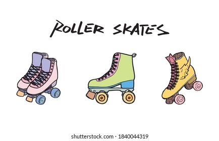 Roller skates logo set with letters, hand drawn outline illustration. Exercise footwear and sport equipment drawing. Rolling shoes with wheels contour sketch. Disco rolling boots, trend symbol.