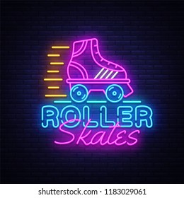 Roller Skates Neon Sign Vector. Retro quad roller skates neon logo, design template, modern trend design, night neon signboard, night bright advertising, light banner, light art. Vector illustration