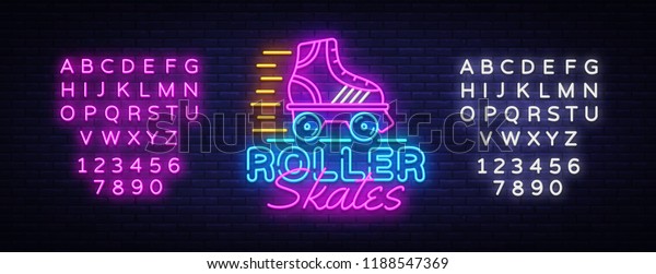 Roller Skates Neon Sign Vector. Retro quad roller\
skates neon logo, design template, modern trend design, night neon\
signboard, night bright advertising, light banner. Vector. Editing\
text neon sign