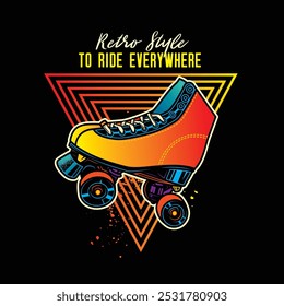 Roller skates in neon style. Original vector illustration in vintage style. T-shirt design. Hand drawn, not AI