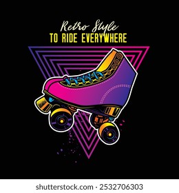 Roller skates in neon style. Original vector illustration in vintage style. T-shirt design. Hand drawn, not AI