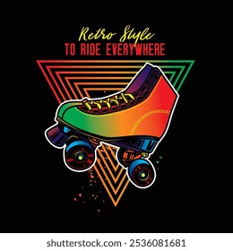 Roller skates in neon style. Original vector illustration in vintage style. T-shirt design. Hand drawn, not AI