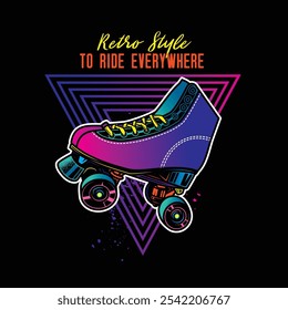 Roller skates in neon style. Original vector illustration in vintage style. T-shirt design. Hand drawn, not AI