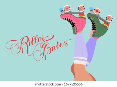 Roller skates. Old school aqua poster. Woman legs, creative red sign, and skater blades. Purple long socks. Trendy hand-drawn vector illustration for web and print. Vintage card design. Calligraphy.