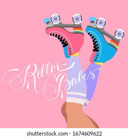 Patines. Afiche rosa de la vieja escuela. Patas de mujer, signo blanco creativo y hojas de patinaje. Calcetines morados largos. Ilustración vectorial de moda para web e impresión. Diseño de tarjetas antiguas. Caligrafía.