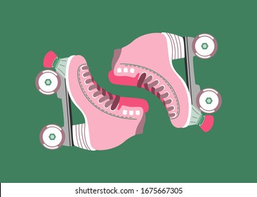 Roller skates old school poster. Hand drawn vector pink 60s four wheel roller blades on green. Isolated illustration. Trendy design for banner, greeting card, invitation.