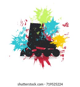Roller skates on background with color spots. Grunge vector illustration.