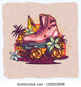 Roller skates on the beach, at sunset. Vector illustration, with orchids, palm trees and surfboard