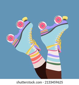 Roller skates on woman legs with long socks. Girls wearing roller skates. Hand-drawn trendy illustration of legs and rollerblades. Female legs. Pastel colour web banner design. Modern poster.