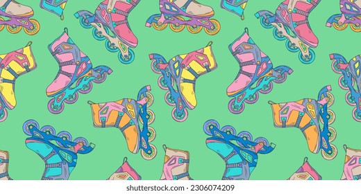 Roller skates pattern. 2000s roller skates. Y2k trend. Retro roller skates inline. Retro sport background. Nostalgia for the 90s and 2000s.