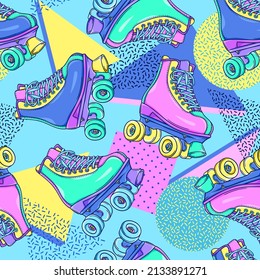 Roller skates pattern 90s illustration. Retro roller skates. 90s fashion. Disco style. 90s style vector. 1990s trendy illustration. Nostalgia for the 90s.