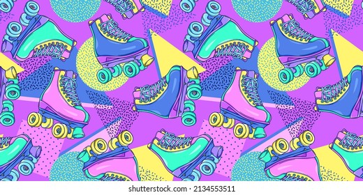 Roller skates pattern 90s illustration. Retro roller skates. 90s fashion. Disco style. 90s style vector. 1990s trendy illustration. Nostalgia for the 90s.