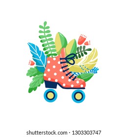 Roller skates, pink with polka dots, decorated with leaves. Vector illustration. Seventies vintage romantic style. Spring summer mood.