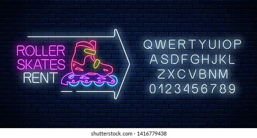 Roller skates rent glowing neon sign with guide arrow and alphabet on dark brick wall background. Skate zone symbol in neon style. Vector illustration.