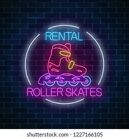 Roller skates rental glowing neon sign in circle frame on dark brick wall background. Skate zone symbol in neon style. Vector illustration.