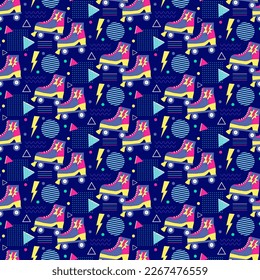 Roller skates retro 90s style. Vector on a dark background with geometric shapes in the memphis style. For covers and brochures, flyers and posters, fashion design and more.