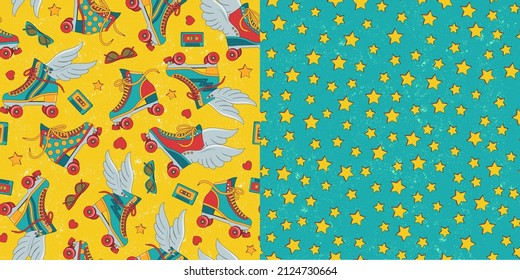 Roller skates, retro background in the style of the 90s, stars, bright seamless patterns. A set of 2 patterns.