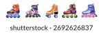Roller skates, rollerblades set. Rollerskates, quad boots in retro style. Wheeled shoes, boots. Summer sports activity equipment, footwear. Flat vector illustration isolated on white background.