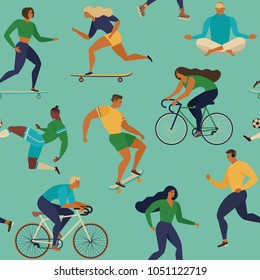 Roller skates, running, bicycle, walk, yoga. Vector seamless pattern with active young people. Healthy lifestyle. Design elements.