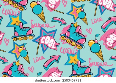 Roller skates seamless pattern with stars, arrows, lettering text on blue background. Girlish ornament for sport textile, wrapping paper.