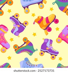 Roller skates seamless pattern. Vibrant retro print for fabric wrapping web design. Sporty girl stylish boots on wheels, vintage neoteric vector background