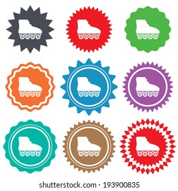 Roller skates sign icon. Rollerblades symbol. Stars stickers. Certificate emblem labels. Vector