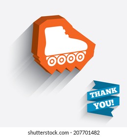 Roller skates sign icon. Rollerblades symbol. White icon on orange 3D piece of wall. Carved in stone with long flat shadow. Vector