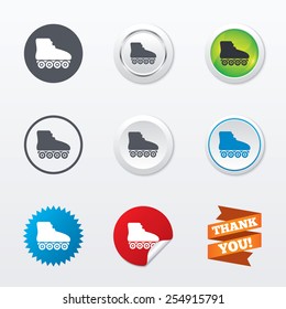 Roller skates sign icon. Rollerblades symbol. Circle concept buttons. Metal edging. Star and label sticker. Vector