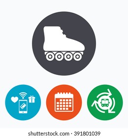 Roller skates sign icon. Rollerblades symbol. Mobile payments, calendar and wifi icons. Bus shuttle.