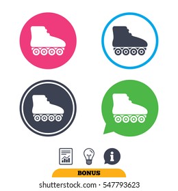 Roller skates sign icon. Rollerblades symbol. Report document, information sign and light bulb icons. Vector