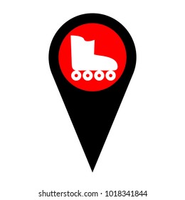 Roller skates sign. Vector. Flat white icon in red circle at black marker on white background. Isolated.