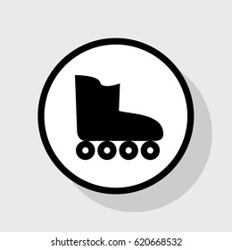 Roller skates sign. Vector. Flat black icon in white circle with shadow at gray background.