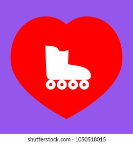 Roller skates sign. Vector. White icon in red heart at lavender background.