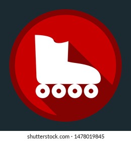 Roller skates sign. White icon with shadow on round red button at dark cyan background. Illustration.