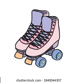 Roller skates single logo, colored illustration symbol. Exercise footwear and sport equipment vector artwork. Pair of rolling shoe with wheels sketch. Disco rolling boots, trend from 80s pen drawing.