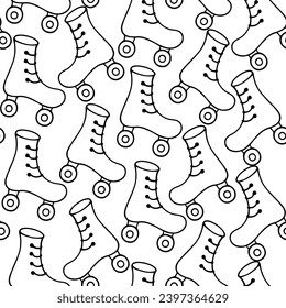 Roller Skates. Sketch. Seamless vector pattern. Sports shoes with a pair of wheels. Doodle style. Repeating shoe pattern. Outline on isolated background. Idea for web design.