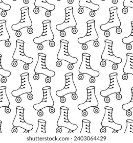 Patines de rodillos. Esbozo. Patrón vectorial sin cable. Zapatos deportivos con un par de ruedas. Estilo Doodle. Patrón de zapatos repetitivos. Esquema sobre fondo aislado. Idea para el diseño web.