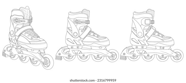 Roller Skates. Sports shoes for professional roller skating. Black and white scheme of the model of roller skates from the front and inside. Detailed drawing.