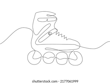Roller skates, sportswear one line art. Continuous line drawing of sport, shoes, skating, speed, rollerskating, kid, exercise, footwear, hobby, training, activity, wheel, sporty, athlete, training.